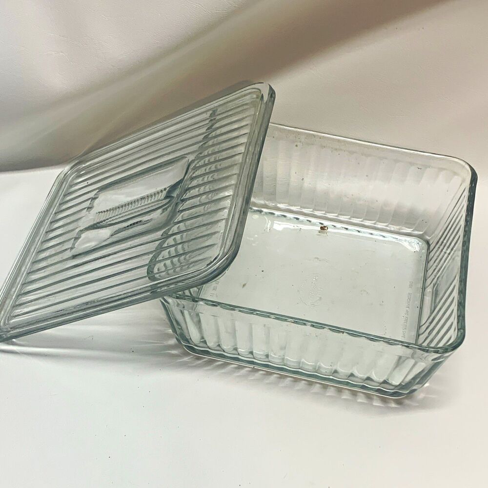 Anchor Hocking Vintage Clear Ribbed Glass Square Storage Container Lid 7.5"